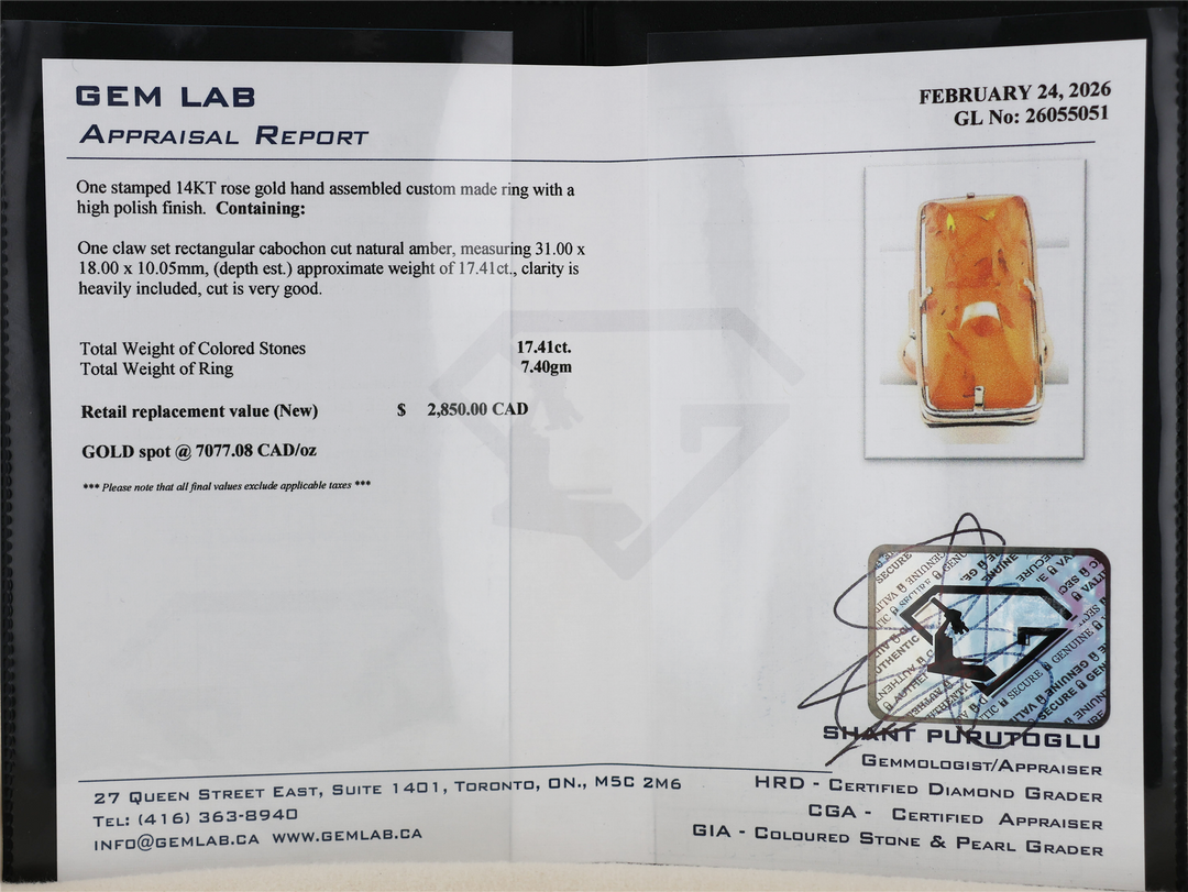 14K Rose Gold Natural Amber Estate Ring