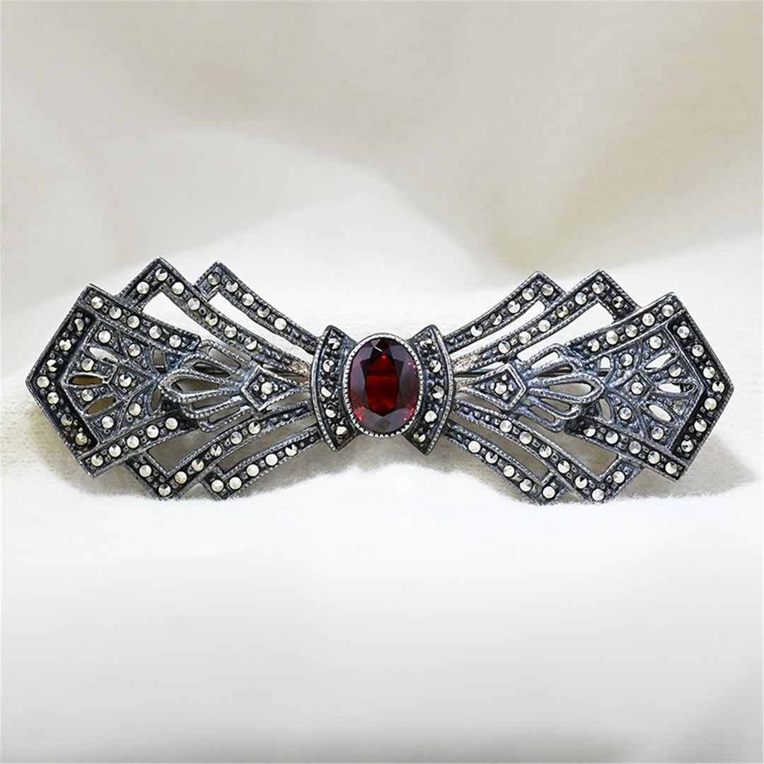 Sterling Silver Garnet Marcasite Pin