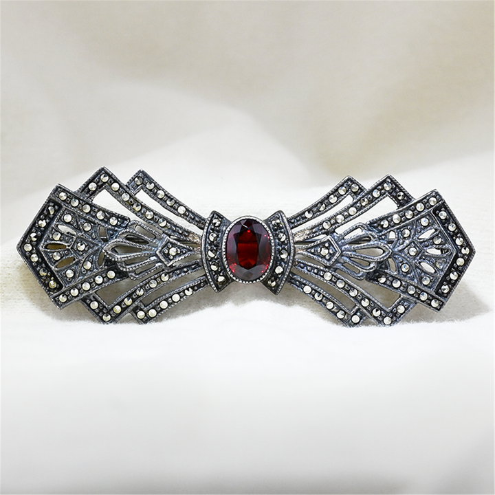 Sterling Silver Garnet Marcasite Pin