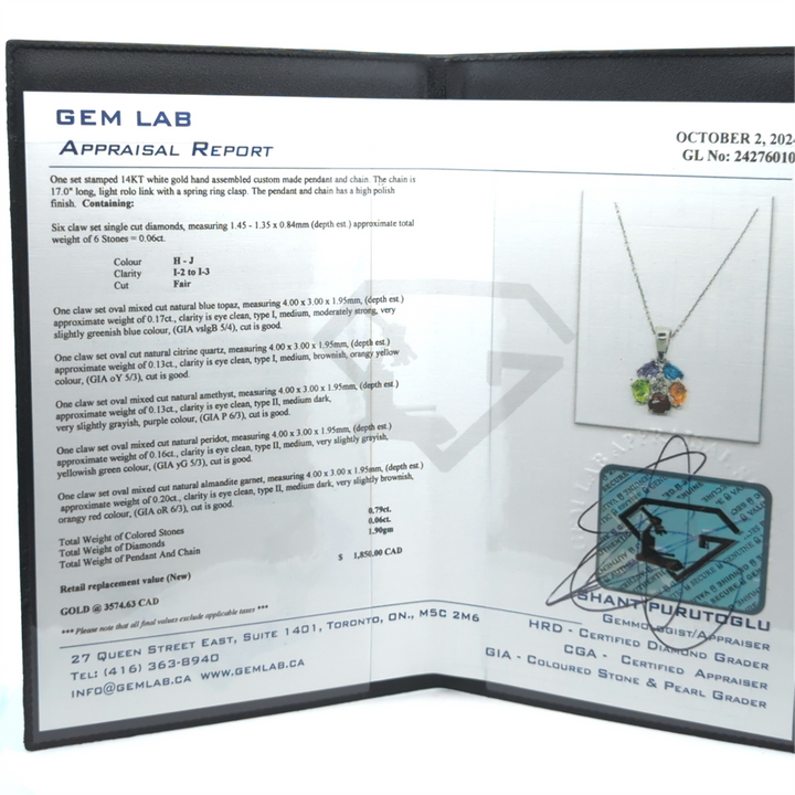 14KT White Gold Natural Blue Topaz, Citrine, Amethyst, Peridot, Almandite Garnet and 0.06ctw Diamond 17" Estate Necklace