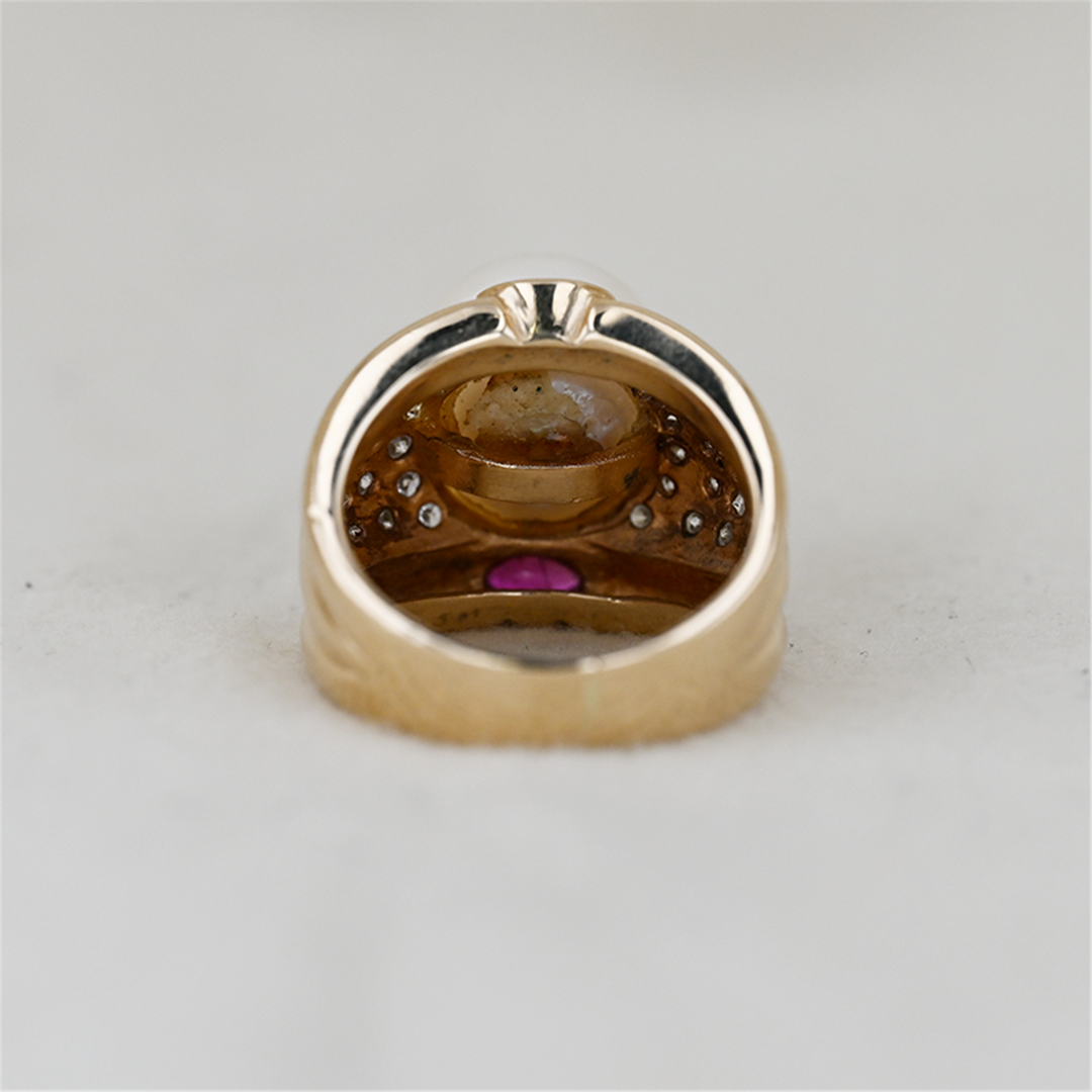18K Yellow Gold Pearl, Ruby, and 0.80ctw Diamond Estate Ring