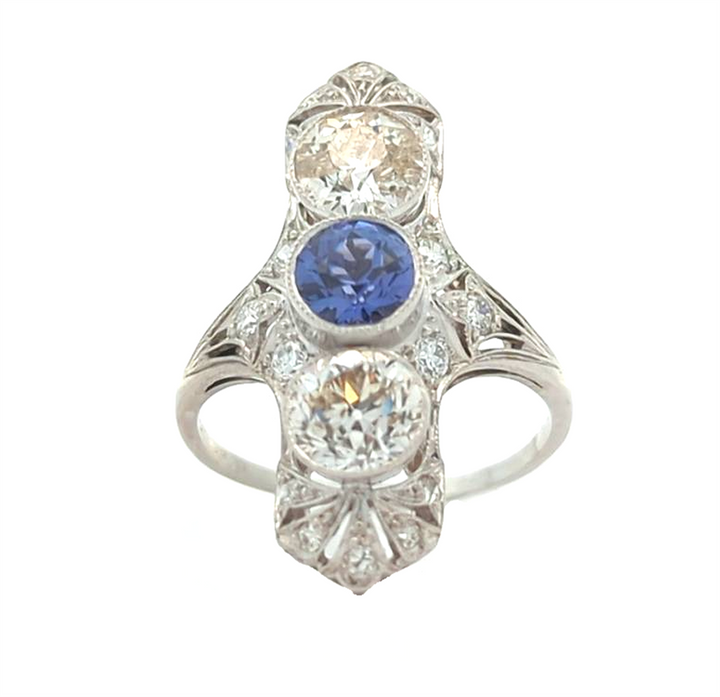 Platinum Natural Blue Sapphire and 2.47ctw Diamond Vintage Estate Cocktail Ring