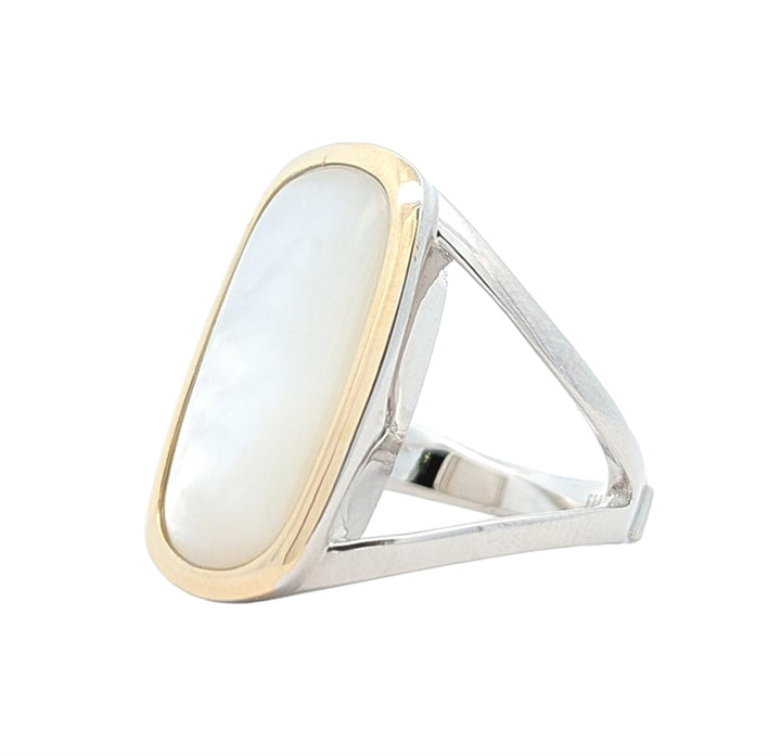Sterling Silver ELLE "Allure" Rhodium and Yellow Gold Plated Elongated Mother of Pearl Cushion Cut Ring