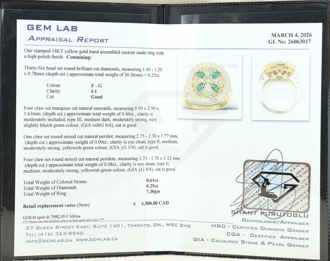 14K Yellow Gold Emerald, Peridot, & Diamond Ring