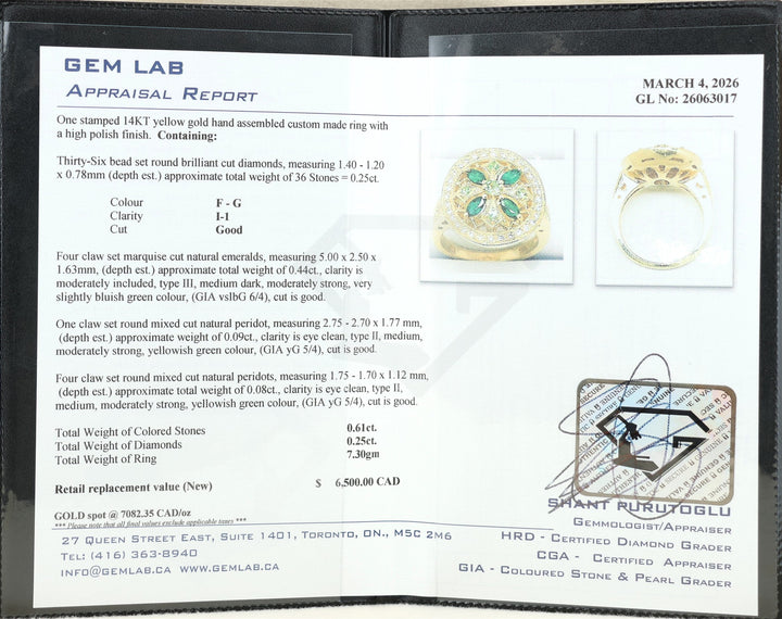 14K Yellow Gold Emerald, Peridot, & Diamond Ring