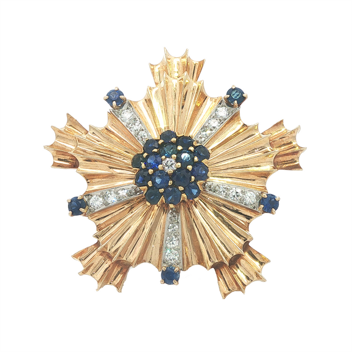 18KT Yellow and White Gold Brooch iwth Diamonds and Sapphires