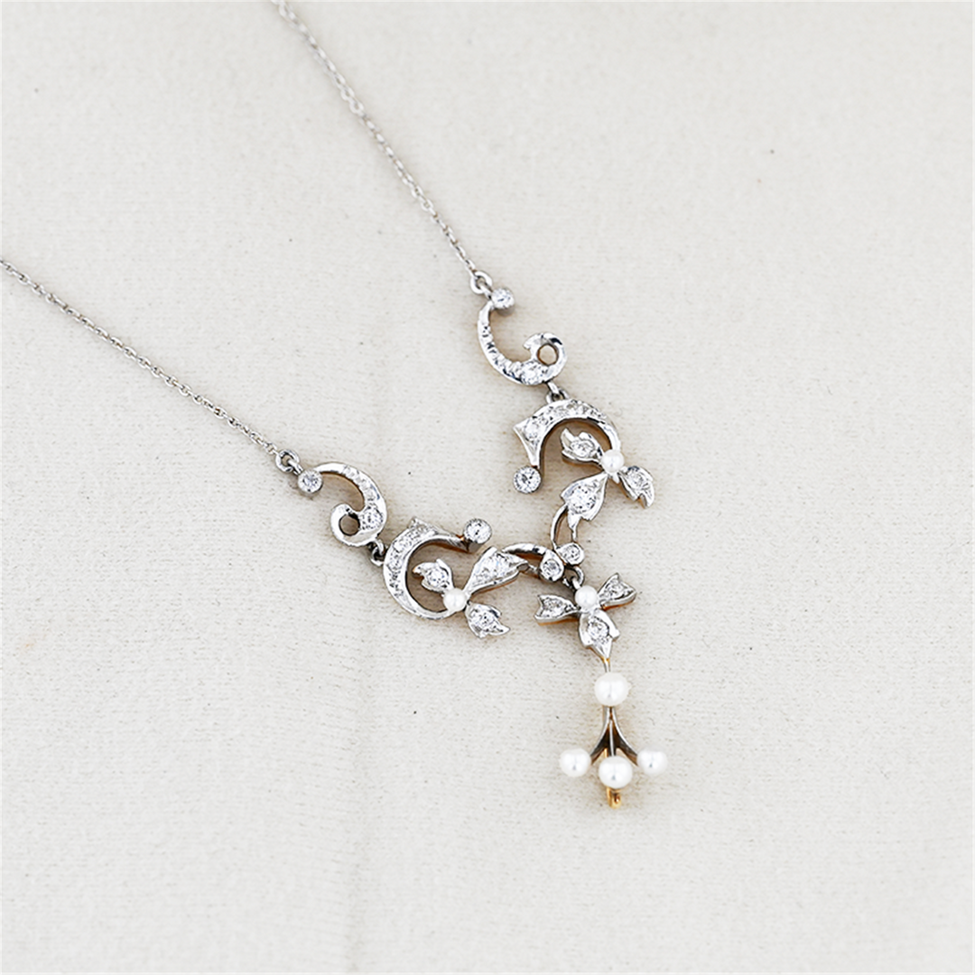 Platinum and 14KT Yellow Gold Akoya Pearl and 0.76ctw Diamond Estate Floral Necklace