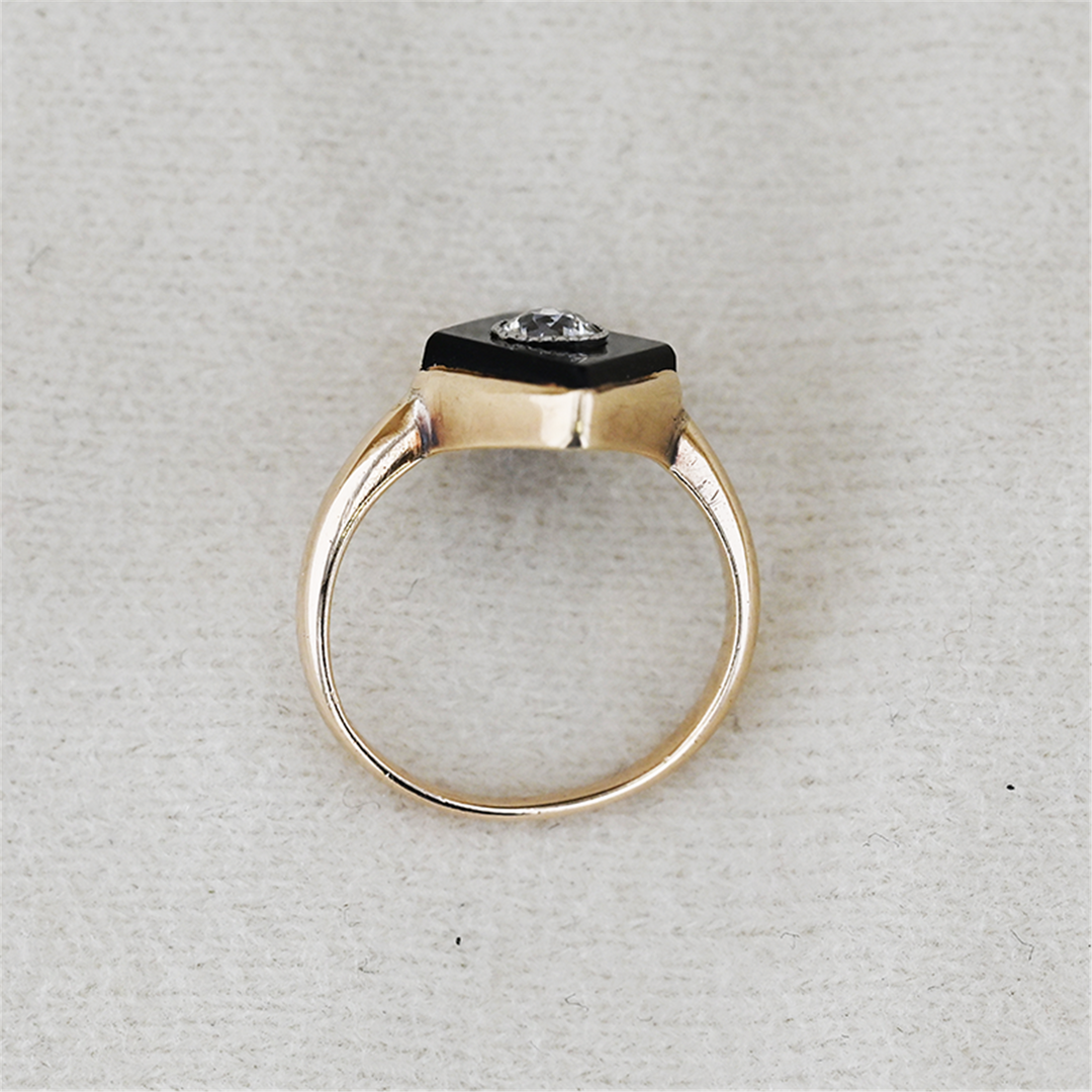 14K Yellow Gold Onyx Diamond Handmade 1920s Ring