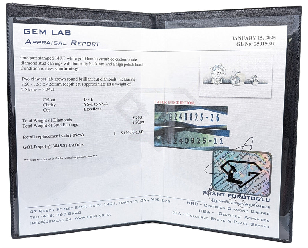 14KT White Gold 3.24ctw Lab Grown Diamond Stud Earrings
