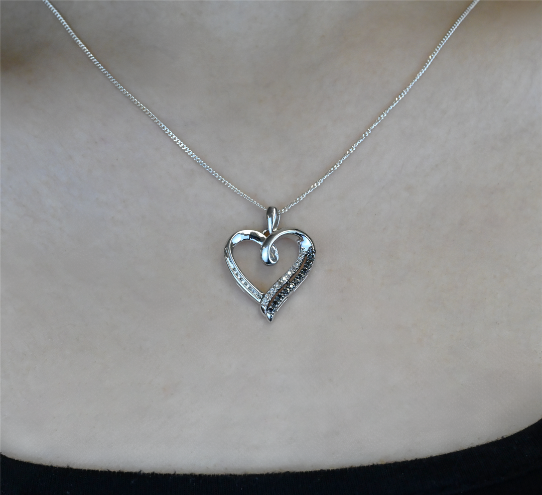 Sterling Silver 0.25ctw Black and White Diamond Heart 18" Necklace