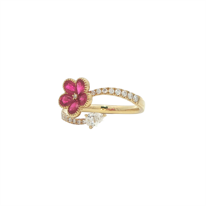 18K Yellow Gold Ruby 0.41ctw Diamond Flower Ring