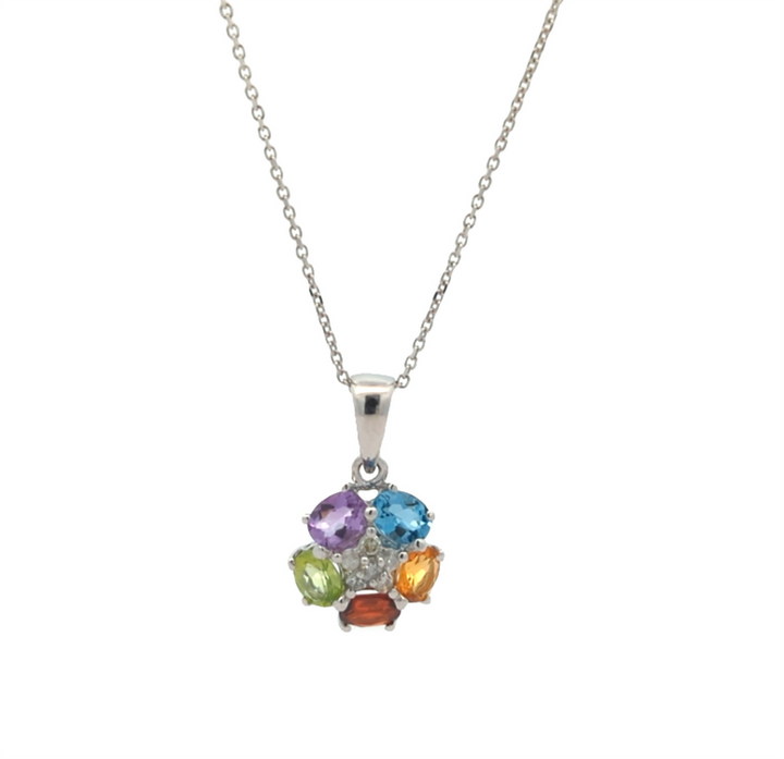 14KT White Gold Natural Blue Topaz, Citrine, Amethyst, Peridot, Almandite Garnet and 0.06ctw Diamond 17" Estate Necklace