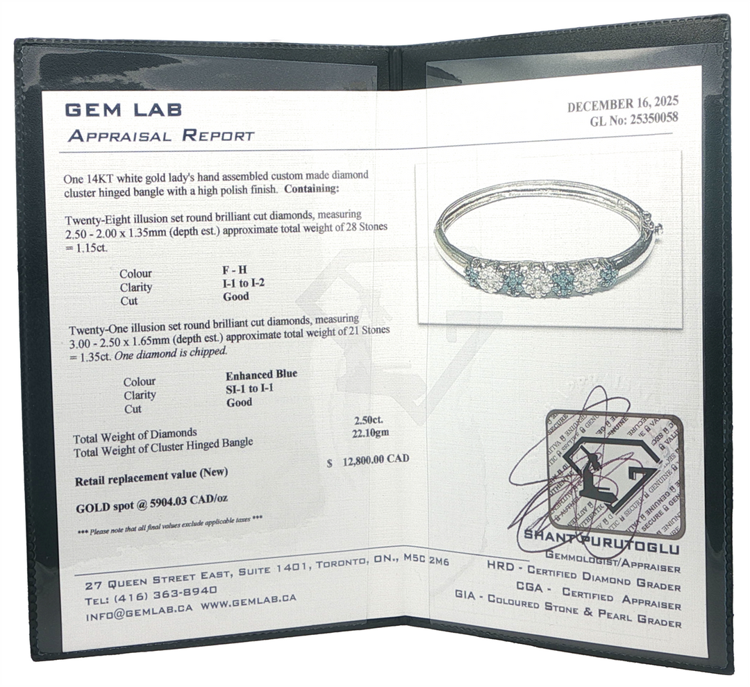 14K White Gold 2.50ctw Blue & White Diamond Estate Bangle Bracelet