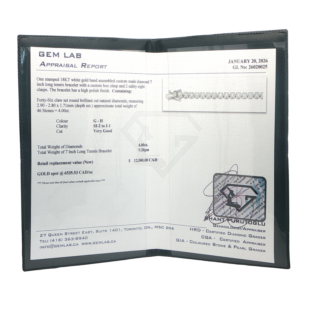 18KT White Gold 7in 4.00ct Tennis Bracelet