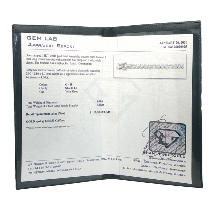 18KT White Gold 7in 4.00ct Tennis Bracelet