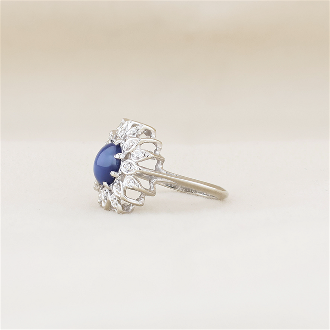 14K White Gold Synthetic Star Sapphire Natural Diamond Estate Ring
