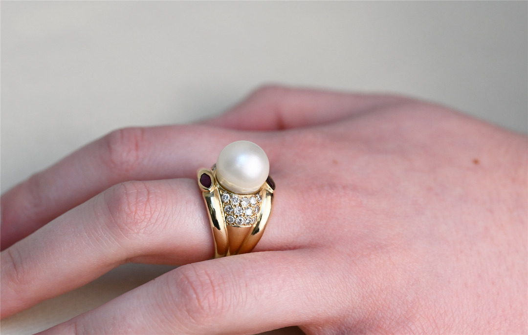 18K Yellow Gold Pearl, Ruby, and 0.80ctw Diamond Estate Ring