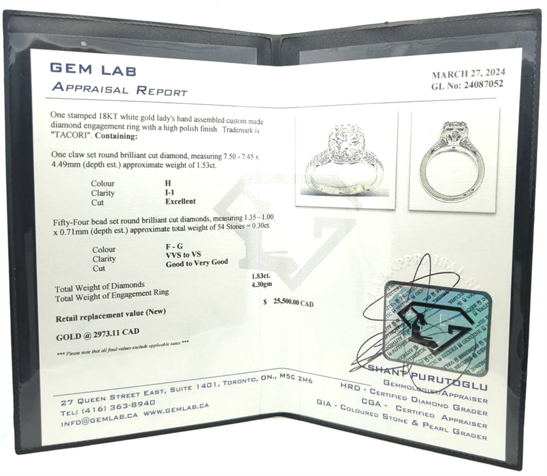 18KT White Gold 1.83ct "Tacori" Estate Engagement Ring and Matching Band